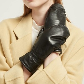 NOVBJECT Women Leather Mittens Finger Rabbit fur Lining Winter Sheepskin Soft and Warm, Black, L