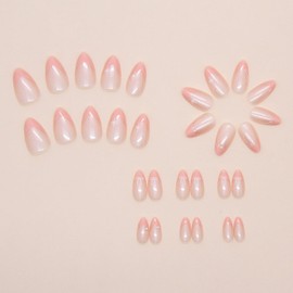 French Tip Press on Nails Short Almond Fake Nails with Glue Glossy Pearl Full Cover Stick on Nails Star Bow False Nails Chrome Nails Press on Acrylic Nails Nude Pink Glue on Nails for Women 24Pcs