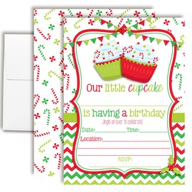 Christmas Cupcake Red and Green December Birthday Party Invitations, 20 5"x7" Fill In Cards with Twenty White Envelopes by AmandaCreation
