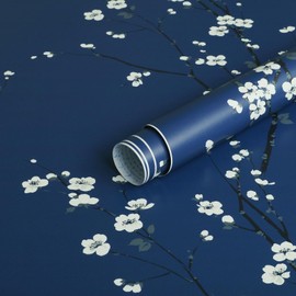 HeloHo 16.14" X 118" White Plum Floral Blue Wallpaper Peel and Stick Self Adhesive Removable Wall Paper Waterproof Contact Paper for Living Room Bedroom Decor