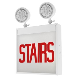 LFI Lights | Chicago Approved Combo Red Exit Sign with Emergency Lights (Stairs No Arrow) | All LED | Two Adjustable Round Heads | Hardwired with Battery Backup | UL Listed | CHCO-STAIR-NA