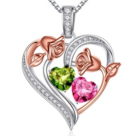 Iefil Jewelry for Women - Birthstone Necklace for Women, Women Jewelry, Peridot Jewelry, Pink Tourmaline Necklace, August October Birthstone Jewelry, Heart Necklaces for Women