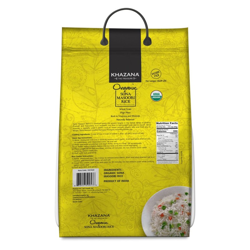Organic Sona Masoori Rice by Khazana in 20 lb Bag