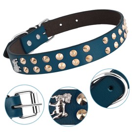Bark Lover Leather Studded Dog Collar Genuine Leather Soft Pet Collar for Medium Large Extra Large Dogs, Walk Comfortably with Your Dog(L, Blue,Stud & Puppy)