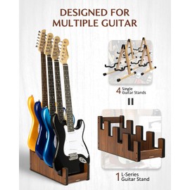STRICH Wooden Guitar Stand for Multiple Guitars, 4-Holder, Front Display Space-Saving Floor Guitar Rack for Home, Studio, Stage, Walnut Color, GS-4W (For 4 Electric/Bass)