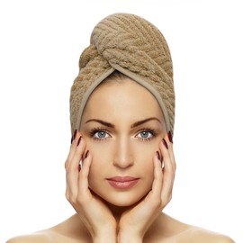 FAB-ON UK Hair Dry Towel Turban Style 100% Cotton Instant Drying Quick Absorbent Lightweight Button & Loop Closure One Size Hair Dry Cap For Curly Long Hair 64x24cm
