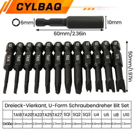 13-Piece Special Screwdriver Bit Set for Cordless Screwdrivers, 50 mm Triangle Screwdriver Bits Square Screwdriver Bits U Screwdriver Bit Set Special Bit Set 1/4 Inch Hex Shank