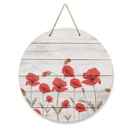 Welcome Sign for Front Door Red Poppy Flower Wooden Wreath for Front Door Home Wall Decor Watercolor Blossom Wood Grain Round Hanging for Farmhouse Porch Door Decoration 6 Inch