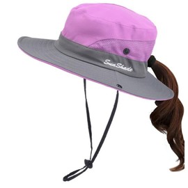 Kids Girls UV Protection Sun-Hat Wide Brim Bucket-Cap with Ponytail Hole Fit for 3-6 Years Purple