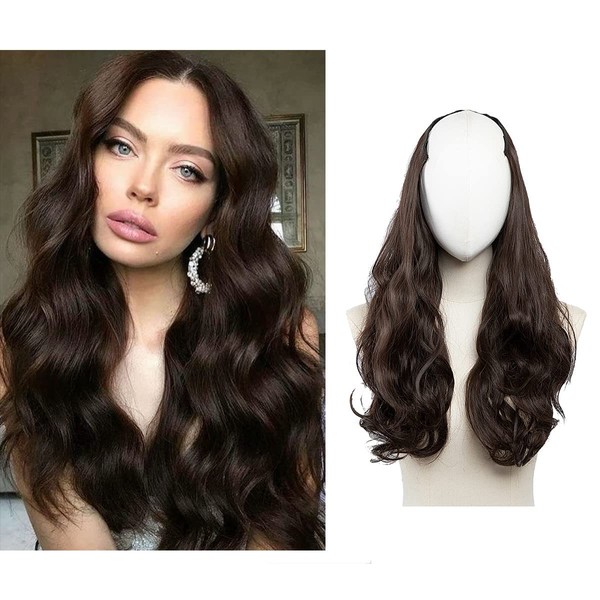 SARLA Dark Brown Clip in U Part Hair Extensions Full Head Long Curly Wave Synthetic Hairpiece for Women 24 Inch