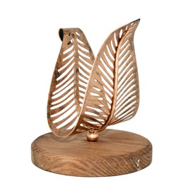 OwlGift Freestanding Modern Napkin Holder w/Bronze Metal Leaf & Brown Wooden Base Design, Tabletop Tissue Dispenser, Napkin Storage Organizer
