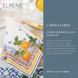 Elrene Home Fashions Capri Lemon Double-Bordered Mediterranean Spring/Summer Cloth Napkins, 17 Inches by 17 Inches, Set of 4