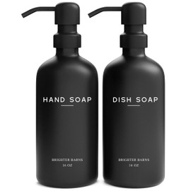 Black Glass Hand and Dish Soap Dispenser Set by Brighter Barns - Kitchen Soap Dispenser Set & Pump - Glass Bottles for Kitchen Sink - Modern Farmhouse Counter Decor, Neutral Home Decor, Gifts (Black)