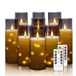 Nimiko Flickering Flameless LED Candles, 9 Pcs with Embedded Star String, Acrylic LED Pillar Candles with Remote, Suitable for Home Decoration (Grey)