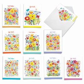10 Assorted 'Garden Delights' Get Well Soon Greeting Cards with Envelopes (Mini 4" x 5.25"), Boxed Set of Bright Florals Get Well Soon Cards, Pretty Brightly Colored Flowers Cards #M6562GWG-B1x10