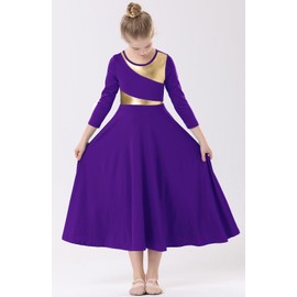 TLMNU Girls Praise Dance Dress Metallic Gold Liturgical Worship Church Robe Full Length Swing Lyrical Costume,005 Dark purple,Tag140, 9-10 Years