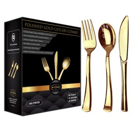 JL Prime 160 Gold Plastic Silverware Set, Gold Plastic Cutlery Set, Heavy Duty Utensils for Party & Wedding, Disposable Gold Flatware, 80 Plastic Forks, 40 Plastic Spoons & 40 Plastic Knives Stylish Tableware
