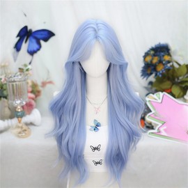 huafan luxkazya Ice Blue Hair Dye Wig for Women Synthetic Hair Natural Long Wavy Wig Lolita Women Wigs for Daily Party Use
