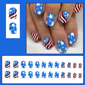 Mkwntg 4th of July Press on Nails Short Square Fake Nails Glossy Cute Blue White Star False Nails Patriotic Independence Day Full Cover Glue on Nails with American Flag Design for Women Girls 24Pcs