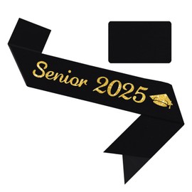Vuzvuv Senior 2025 Graduation Sash, Black Satin Sash with Glitter Gold Fonts and Mortarboard Design, 2025 Graduation Decoration for Class 2025 Graduates