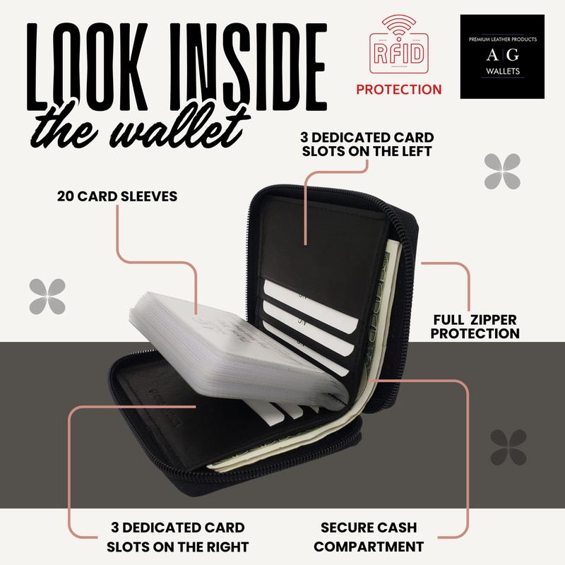 ag wallets Mens Zip Around Leather Wallet with Inserts (Black)