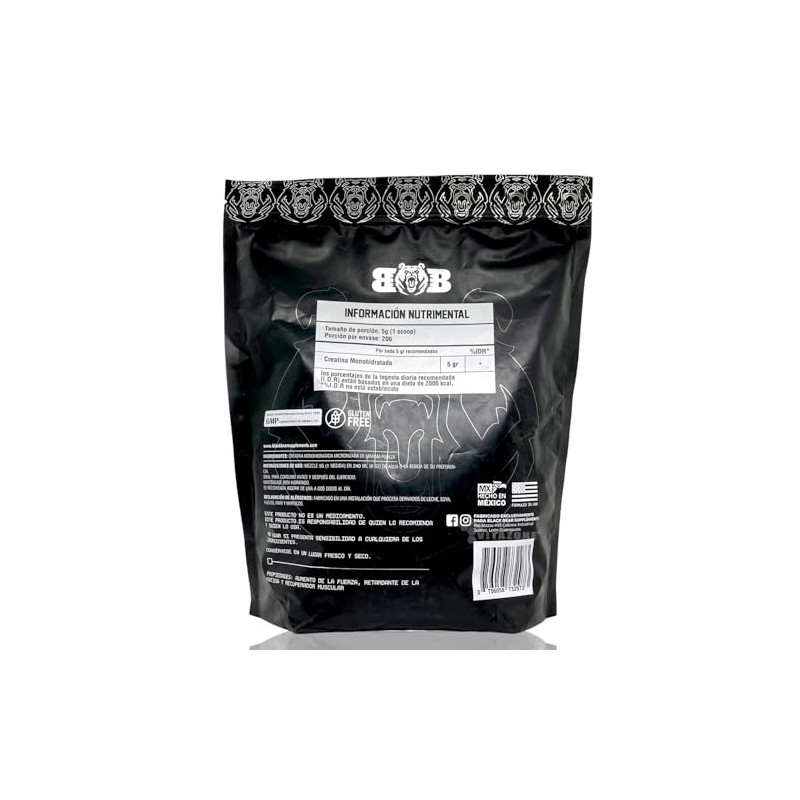 Creatina Monohidratada 1 kg BlackBear 200 servicios Bolsa