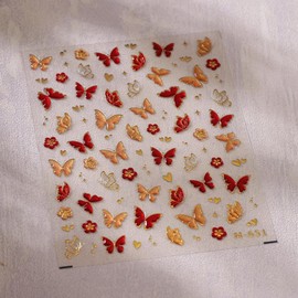 Red Yellow Butterfly Nail Stickers 5D Embossed Gold Butterfly Nail Decals with Heart Designs 3D Self-Adhesive Spring Nail Supplies Summer Nail Art Decoration for Women Girls Manicure 1 Sheet