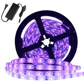 YGS-Tech Super Bright 60 Watts UV Black Light LED Strip, 16.4FT/5M 3528 300LEDs 395nm-405nm Non-Waterproof Blacklight with Power Supply, for Night Fishing, Black Party