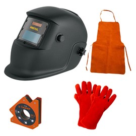 SALHER | Kit de Soldar, Careta Electrónica con Sombra 9-13, Peto de Carnaza, Guantes y Escuadra Magnética