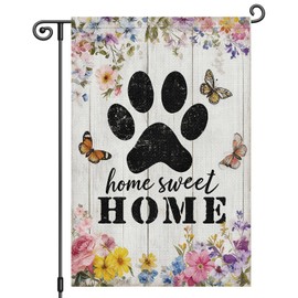Heyfibro Spring Home Sweet Home Garden Flag 12x18 Inch Double Sided Floral Garden Flag Seasonal Small Paw Print House Flags for Outside Yard Farmhouse Spring Outdoor Decorations