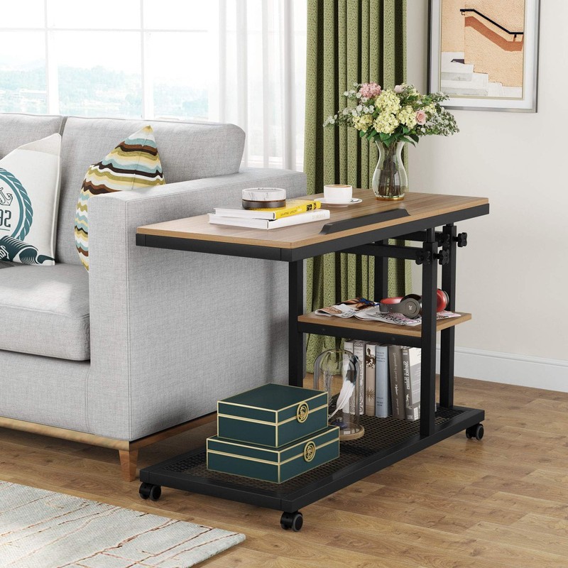 Tribesigns Height Adjustable C Table with Wheels, Mobile Couch Snack
