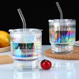 2 Pcs Colorful Glass Coffee Cups with Lids and Straw, 13.5 oz Iced Coffee Cup with Stripe Style and Polka Dot Style, Glass Tumbler, Cute Glass Coffee Mugs, Drinking Water Cup (Polka dots & stripes)