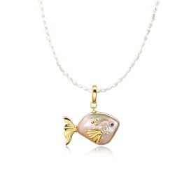 Hipearl Fish Freshwater Pearl Pendant Necklace Baroque Pearl Necklace 18k Gold-plated, 14-20mm Pearls, 18" + 2.5" Extender, Pearl Jewellery Gifts for Women and Girls (Pink Goldfish)