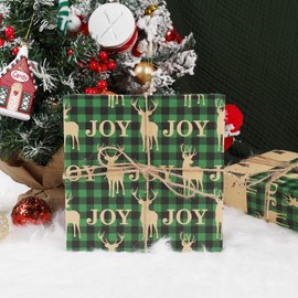 LaRibbons Reversible Christmas Wrapping Paper, Kraft Paper, 17 Inch X 40 Feet (56.6 sq. ft. ttl.) Mini Roll with Natural Jute Twine, Joy and Deer & Winter Tree Design for Christmas, Holiday