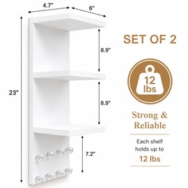 3 Tier White Floating Wall Vanity Shelf with 8 Crystal Hooks, Set of 2 Wall Mounted Bathroom Organizer for Perfume, Makeup, Skincare, Jewelry, Key Holder Display Shelf for Vanity, Entryway