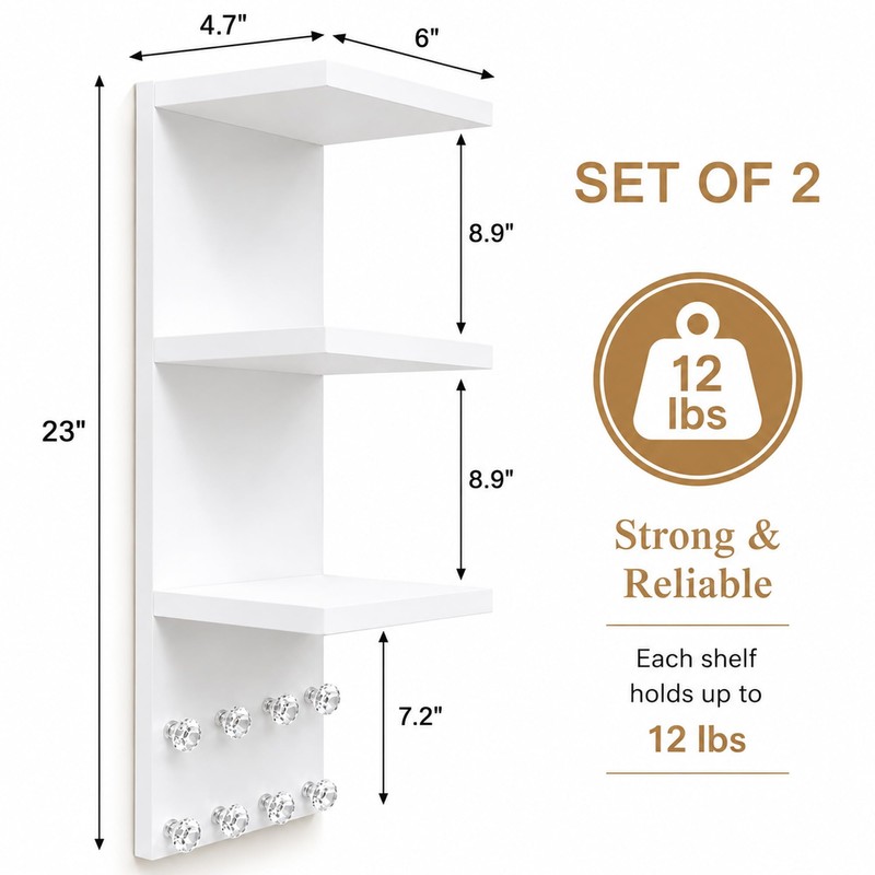 3 Tier White Floating Wall Vanity Shelf with 8 Crystal