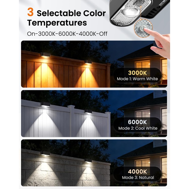 JOFIOS Fence Lights Solar Powered 12 Pack, 3000/4000/6000K 3 Modes,