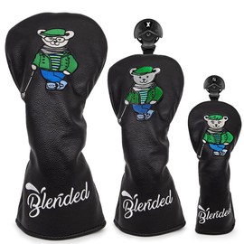 Golf Club Head Cover Wood Cover Driver Fairway Wood Utility Hybrid Headcover with Number Tag Golf Headcover PU Leather Fashionable Bear Embroidery Black (DR+FW+UT 3pcs)