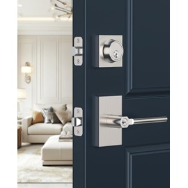 Calzibeno Entry Lever Front Door Handle and Single Cylinder Deadbolt, Keyed Alike Lockset with Double Lock for Right and Left Sided Door, Heavy Duty Exterior Door Lock Set, Satin Nickel
