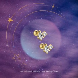 COSMO CARAT 14K Gold Plated Nap Earrings Sterling Silver Flat Back Stud Earrings Moon Star Screw Back Hypoallergenic Earrings Tiny Everyday Cartilage Helix Celestial Piercing Earrings For Women