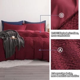 NTBAY 3 Pieces King Duvet Cover Set, Seersucker Textured Stripe Washed Microfiber Comforter Cover with Zipper Closure, 104x90 Inches, Wine Red