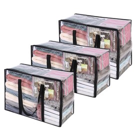 Vieshful 3 Pack Clear Clothes Storage Bag, Zippered Closet Organizer, Plastic Storage Containers Moving bags for Comforter, Blanket, Bedding, Duvet, Toys,40L+60L+90L
