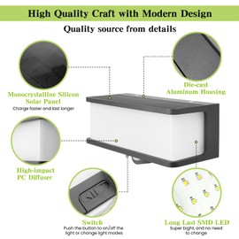 HFVLITE - Lámpara solar de pared para exteriores con sensor de movimiento, lámpara de valla brillante de aluminio, modo de 3 iluminaciones, linterna exterior impermeable IP54 para jardín, patio,