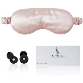 LaCourse Adjustable 22Momme 100% Mulberry Silk Sleep Mask with Ultra-Comfy Earplugs, Highest Grade 6A Silk Eye Mask for Sleeping with Adjustable Strap, Pure Silk fibers Filler (Pink)
