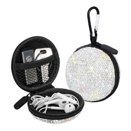 SAVORI Earphone Case Earbuds Small Carrying Cases Bling Rhinestone Crystal Portable Headphone Organizer Storage Pouch Bag with Carabiner 1 Pack (White)