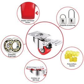 COOWOO Swivel Castors Pack of 4 Transport Castors with Safety Lock 38 mm Wheels for Furniture Silent Heavy Duty Wheels with Polyurethane Rubber Coating