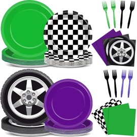 96Pcs Monster Truck Party Supplies Green Purple Monster Truck Birthday Party Plates and Napkins Black and White Checked Dinner Dessert Plates Tableware Set for Kids Boys Racing Car Birthday Serves 24
