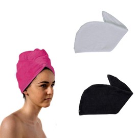 aztex Set of 2 Hair Turban Towels, Head Wrap Towel, Hair Drying Towel with Loop and Button Fastener, Absorbent and Lightweight Cotton, 64 x 23cm - 1 x White, 1 x Black