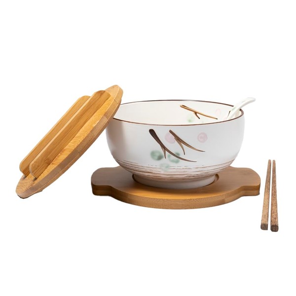 lachineuse - Large Asian Porcelain Bowl – Soup & Noodles – White Tint Diameter 16 cm – Japanese Zen Style – Capacity 1000 ml – Spoon, Chopsticks & Stand – Decorative Japanese Tableware Gift