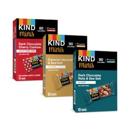 KIND KIND Bar Minis, Variety Pack, Dark Chocolate Nuts and Sea Salt, Caramel Almond Sea Salt, Dark Chocolate Cherry Cashew Healthy Snacks, Gluten Free, Low Calorie Snacks, Low Sugar, 30 Count